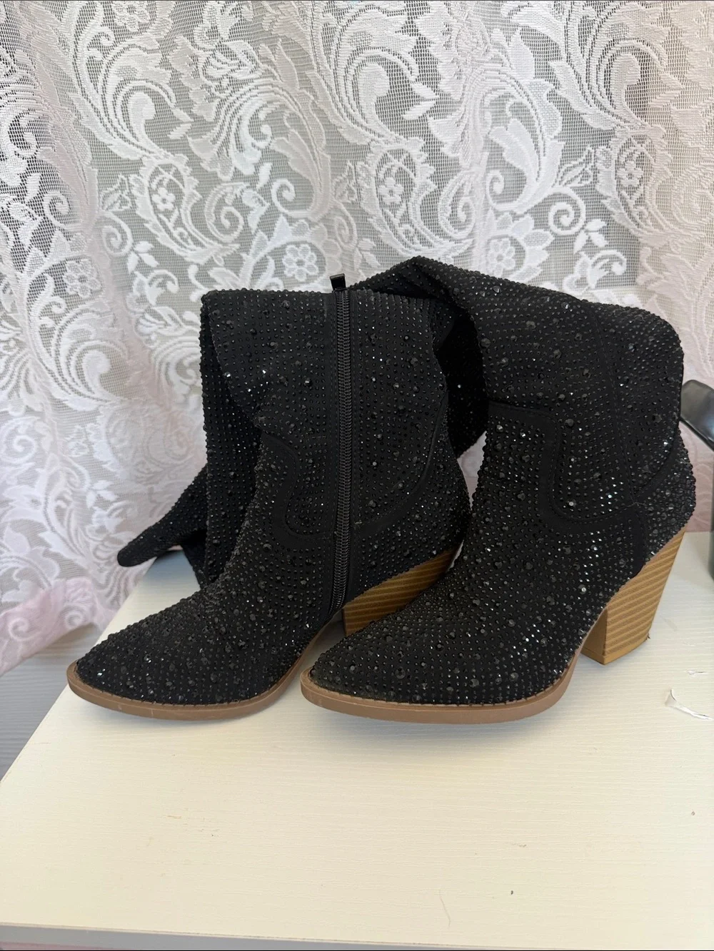 SHEIN Black Over-the-Knee Rhinestone Boots
